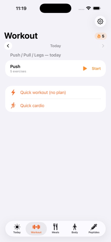 MacroPep Workout screen